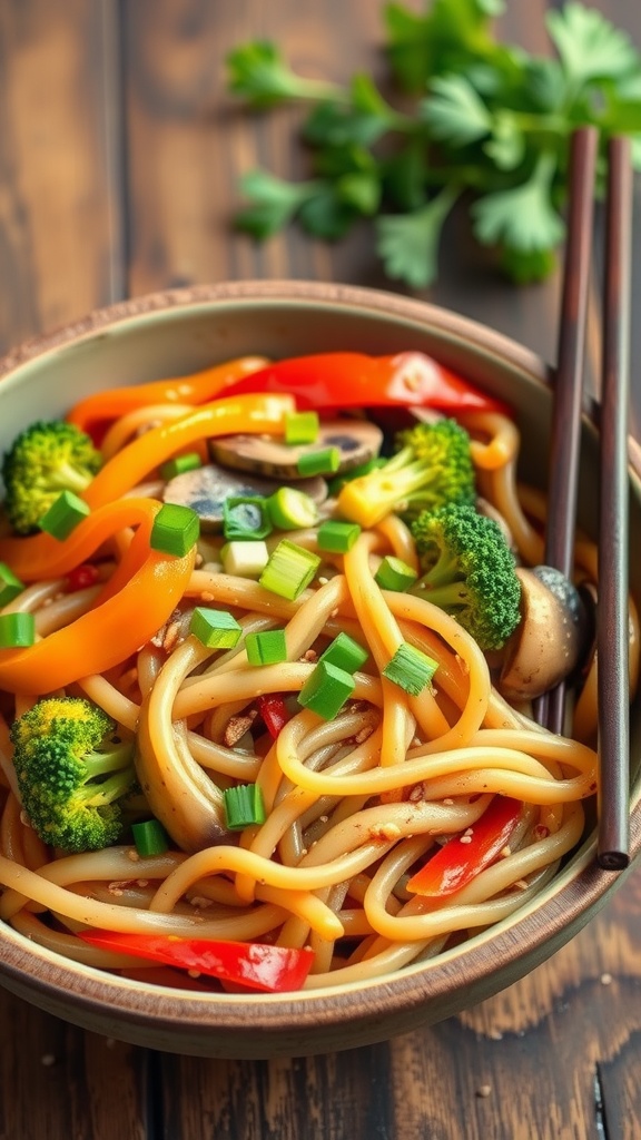 A bowl of vegan udon noodles stir-fried with bell peppers, broccoli, and mushrooms, garnished with green onions and sesame seeds.